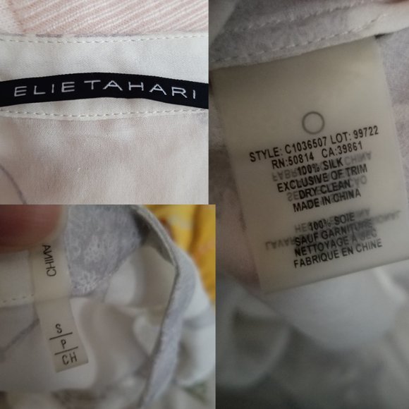 Elie Tahari Ivory & Gray Floral Printed Silk Pullover Blouse w/ Lace Detail - Picture 6 of 6